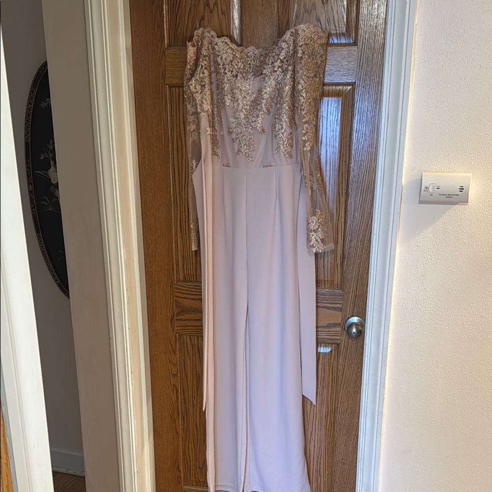 Cream and Gold Long Sleeve jumpsuit with Sweetheart Neckline